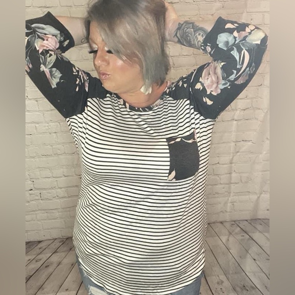 Heimish Raglan Black And White Stripe with gray sleeve floral print